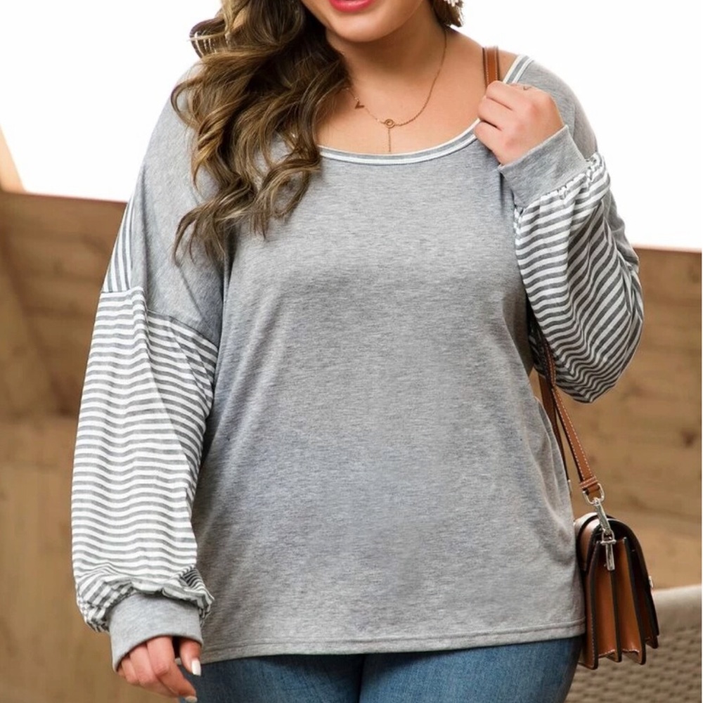 PLUS gray white contrast striped drop shoulder tee - Picture 5 of 5